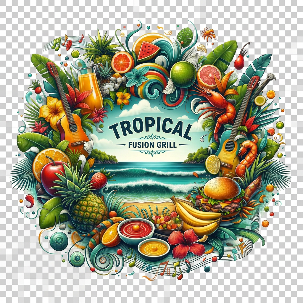 Tropical Fusion Grill — illustrated emblem with fruits, music and beach scene